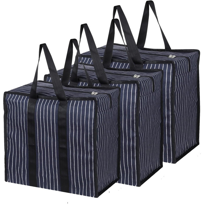 Double R Bags Multi-Purpose Canvas Tote Bag, Extra Large, Durable, Reusable, with Strong Handles and Zippered Bottom (Navy Blue) (3 Pack)