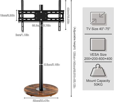 Підставка для телевізора Unho з регульованою висотою та коліщатками, для екранів 40-75 дюймів, VESA 600x400 мм, до 50 кг (Чорний)