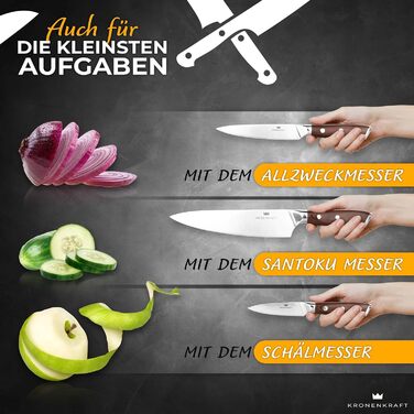 Набір кухонних ножів Kronenkraft 9-ти частинний з підставкою: шеф-ніж, ніж для хліба, сантоку, кухонний ніж, куряча шкребка, точилка. Зручний дерев'яний руків'я.