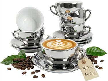 Набір з 6 еспресо-чашок з підстаканниками, хром, італійський стиль, Dickwandig & schwer, 200 мл, срібний | Подарунковий набір