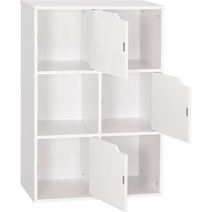 Storage Shelf, Multi-Tiered Bookshelf, Wooden Shelf, Storage Cabinet for Books and DVDs, Six Compartments with THREE Doors, White