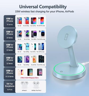 Бездротова зарядка MagSafe OANDYS 2-в-1 15W для iPhone 17/16/15/14/13/12 та AirPods, нічна лампа блакитна