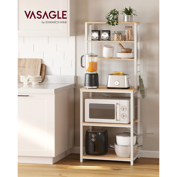 Поличкова стійка VASAGLE для кухні з 6 полицями та гачками, сталевий каркас, горіховий колір + білий, 40 x 60 x 167 см