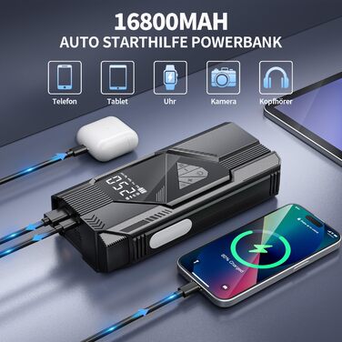 Powerbank для прикурювання FINIBO 6000A для авто 12V (бензин до 10л/дизель до 8л) з LCD екраном, кабелями для прикурювання, зарядний пристрій для акумулятора
