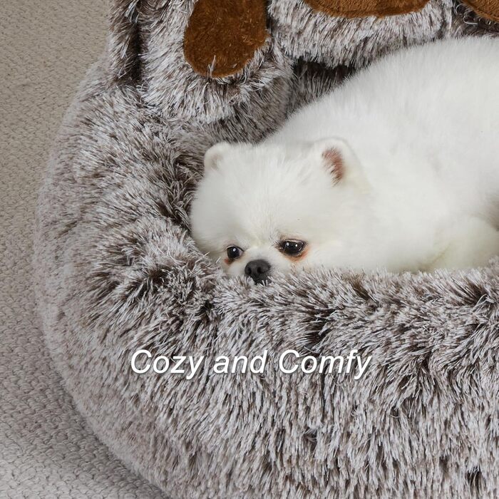 Кругле собаче ліжко Jiupety з м'якої плюшевої тканини, форма пончика, для маленьких собак, розмір 66 см, зручне та м'яке, можна прати, сірий колір, L 66 x 66 x 20 см