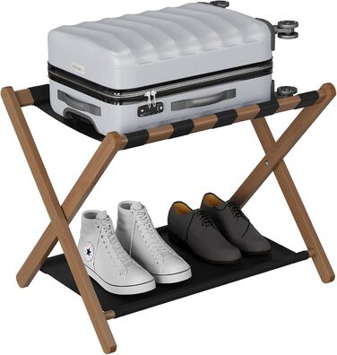 Smuxee Walnut Bamboo Luggage Rack for Guest Rooms, Folding Suitcase Stand with Storage Shelf, Lightweight Assembled Luggage Rack with 5 Nylon Straps for Guest Rooms Bedrooms Hotel