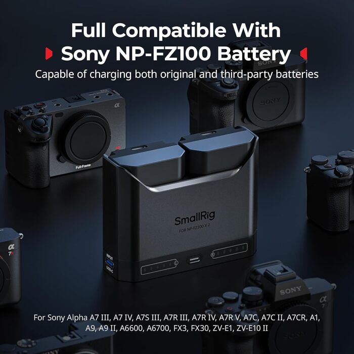 Зарядний пристрій SMALLRIG для акумуляторів Sony NP-FZ100 з двома USB-C портами, 22.5W, сумісний з Sony Alpha A7III, A7IV, A6700, FX3, FX30, A9, A7C, A7CII, A7RIII, ZV-E1, ZV-E10II