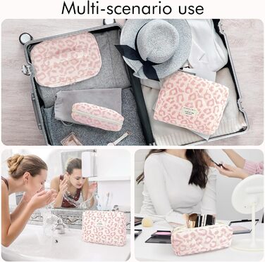 Набір косметичок для жінок: 3 шт. (рожевий леопард) - великі та маленькі, для макіяжу, подорожей, організації косметики