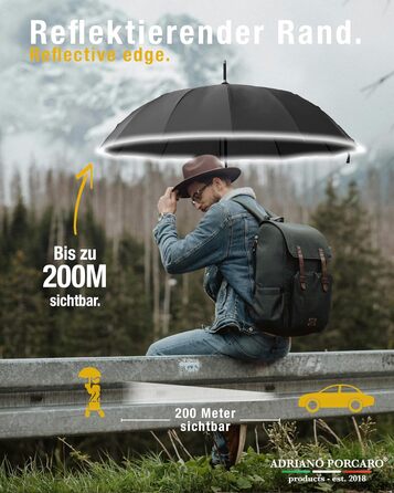 Стійкий до вітру парасолька: великий парасолька Ø120см з відбиваючим краєм, 12 спиць, з чохлом, оливковий - для чоловіків та жінок