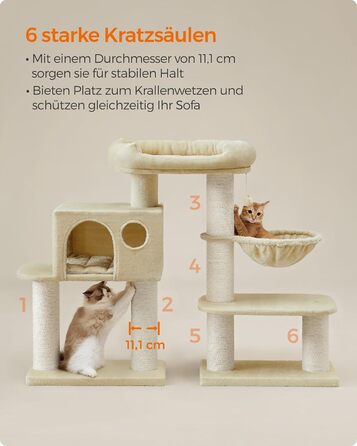 Feandrea Cat Tree for Large Cats, XXL, Heavy-Duty, Cat Tower with 6 Extra Thick Scratching Posts, Large Platform, Cave, Basket, Flexible Assembly, Detachable and Washable Cushions, Beige PCT01M