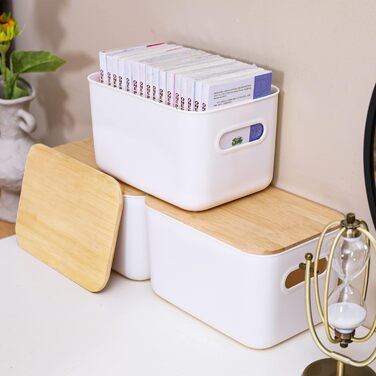 Kerhouze 2 PCS Storage Box with Bamboo Lid White Storage Plastic Box for Organization Stackable Storage Boxes with Handle for Kitchen Bathroom 38.4 * 27 * 15.2cm, 13L (2PACK 6.5L)