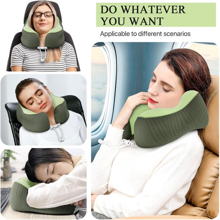 Подушка для шиї у подорожах, Memory Foam, ергономічна підтримка шиї | Подушка для шиї, подушка-ролик | Для подорожей, офісу, літака та дому, зелена