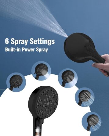Душова лійка BOWGER з фільтром, 6 режимів, високий тиск, Power Wash, фільтр для жорсткої води, знімна ручна, довгий шланг, золотиста, матово-чорна