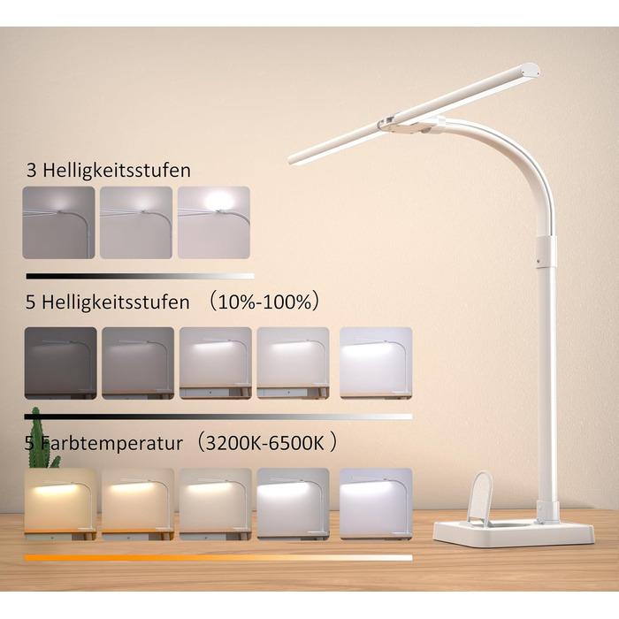 LED лампа для столу Doppelkopf з регулюванням яскравості, 24W, 80см, для дому/офісу, денне світло, лампа-лебідь, з підставкою для телефону