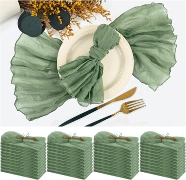Set of 40 Gauze Cloth Napkins, Crinkled Dinner Napkins, Salvia Green, Rustic Boho Napkins, Soft Cotton, Table Napkins, Decorative Fabric Napkins for Wedding, Party