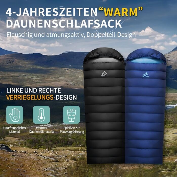 Спальний мішок зимовий Daunenschlafsack Winter: теплий та легкий, 680FP+, 0°C, для дорослих та дітей, підходить для походів, альпінізму та кемпінгу. Чорний колір