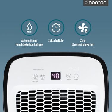 Noaton® DF 4212: Електричний осушувач повітря 13,2 л/24г з відводом, автовимкненням, тихий, для 45 м², таймер, бак 2,1 л, для квартири, підвалу