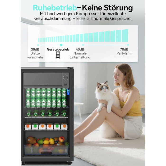 Холодильник для напоїв Devoko 93L з скляними дверцятами та LED-підсвіткою. Регульовані полиці для колі, пива та вина. Чорний колір, ідеально для дому та офісу.