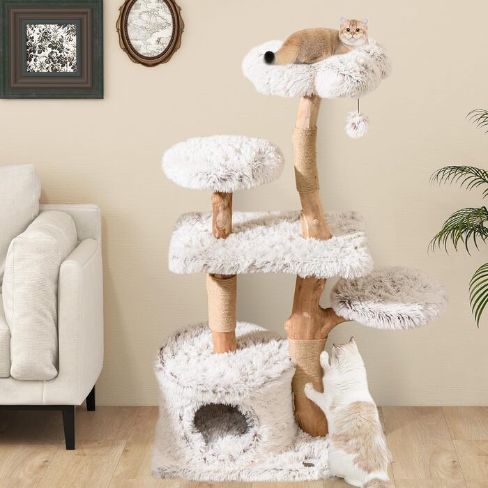 Дерев'яна кігтеточка для котів Costway 87 см з гамаком та джутовими стовпами, білий кігтеточний комплекс з 2 стовпами та печереєю