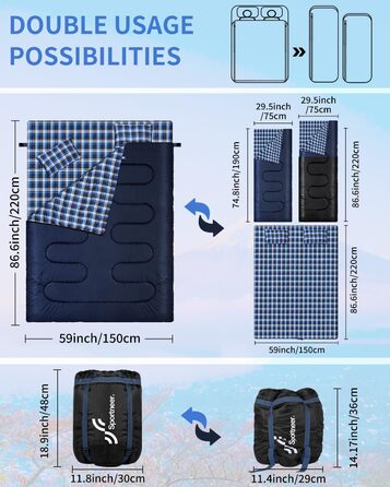 Спальний мішок Outdoor Sportneer для 2 осіб, 3 сезони, 220x150 см, 2.75 кг з 2 подушками (синій)