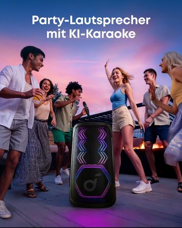 Soundcore PartyBox Rave 3S – портативна колонка з мікрофонами, 200 Вт, Bluetooth, світлодіодна підсвітка, AuraCast, 12 годин роботи, для дому та вулиці