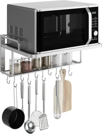 K-101 2-Layer Silver Aluminum Alloy Microwave Rack Oven Stand Kitchen Shelf Holder Wall Mount, Hanging with 10 Hooks