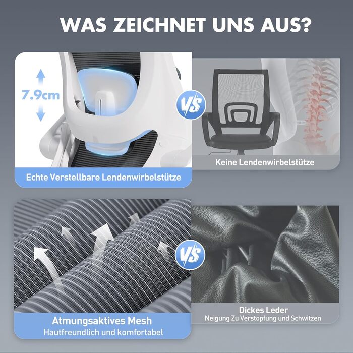 Офісне крісло Colamy з ергономічною підтримкою спини, регульованою підголівником та поперековою підтримкою, сітчасте, сірого кольору