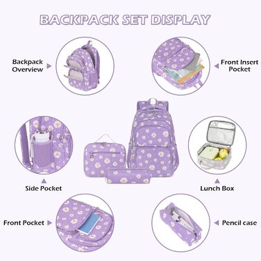 Рюкзак для дівчинки-підлітка, шкільний набір з ланч-боксом та пеналом, фіолетовий. Шкільний рюкзак для школи та відпочинку