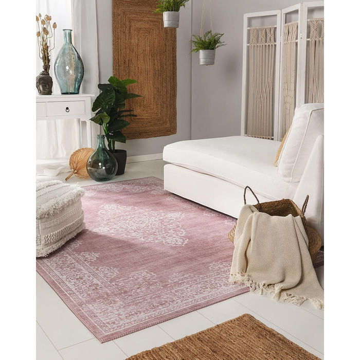benuta pop Laury Rug - Synthetic Fiber - Rectangular & in Vintage Style - Easy Care for Living Room Bedroom, Pink, 200x300 cm 200 x 300 cm (Rectangular) Pink