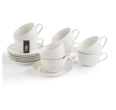 Набір чашок для капучино з блюдцями, Bone China, 220 мл, білі, 8 предметів