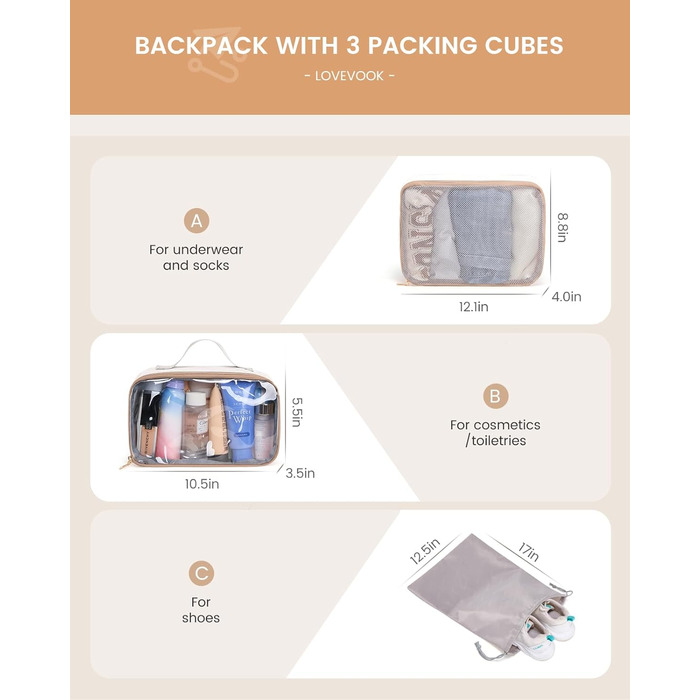LOVEVOOK Рюкзак для ручної поклажі 40л, для подорожей, з відділенням для ноутбука 17.3 дюймів, з вологостійким відділенням, 45x36x20 см, бежевий/хакі