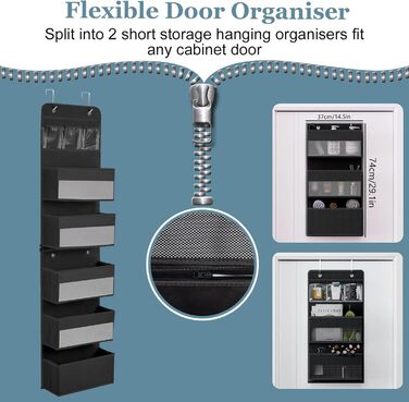 Організатор для дверей, підвісний, з 5 кишенями, з гачками, для ванної кімнати, шафи, кемпінгу, 150x36.5x14 см (Чорний)