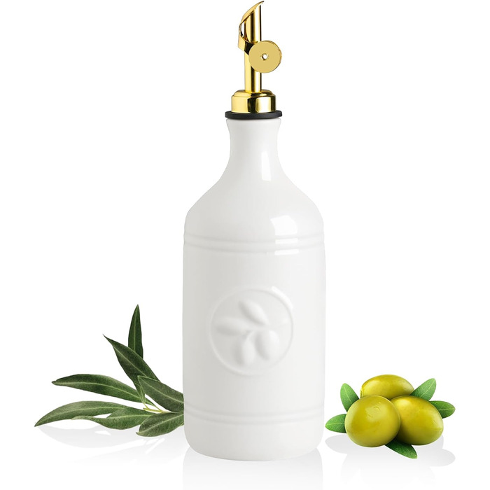 Керамічна пляшка-дозатор для оливкової олії Sweejar, 473.6 г, біла, з рельєфним дизайном і золотим носиком, для EVOO, авокадової олії та оцту