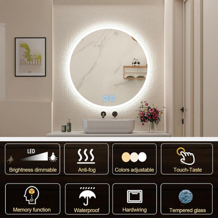 Дзеркало для ванної кімнати з підсвічуванням 80x80 см Fow Halo Simple, LED, сенсорне управління, IP65, пам'ять, 3 кольори, регулювання яскравості, проти запотівання, HD скло