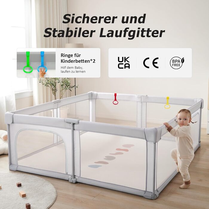 Doradotey playpen baby 150x150cm, foldable baby gate with breathable mesh, baby playpen with two zipper doors, stable grey children's playpen 150x150x68cm Grey