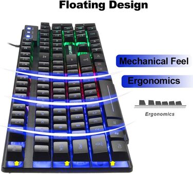 Механічна ігрова клавіатура та миша з підсвічуванням Rainbow LED, 104 клавіші, USB, 2400DPI, 6 кнопок, оптична миша, комплекту з килимком для миші, чорний колір, сумісна з PS4, Xbox, PC, Laptop