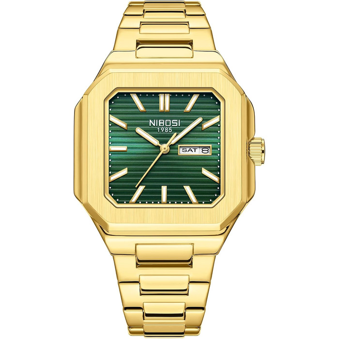 Годинник чоловічий NIBOSI: кварцовий, з нержавіючої сталі, мілітарі, квадратний, водонепроникний, бізнес-стиль, класичний, дизайнерський (золотий, зелений)