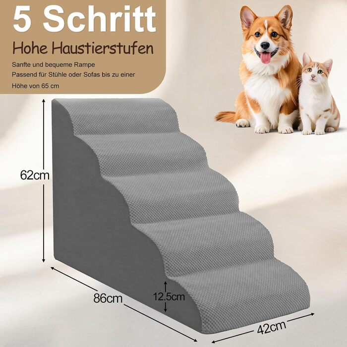 Сходинка для собак Niubya, 62 см, 5 сходинок, для котів та собак, для літніх та поранених тварин, знімний чохол, високощільний пінопласт (сірий)