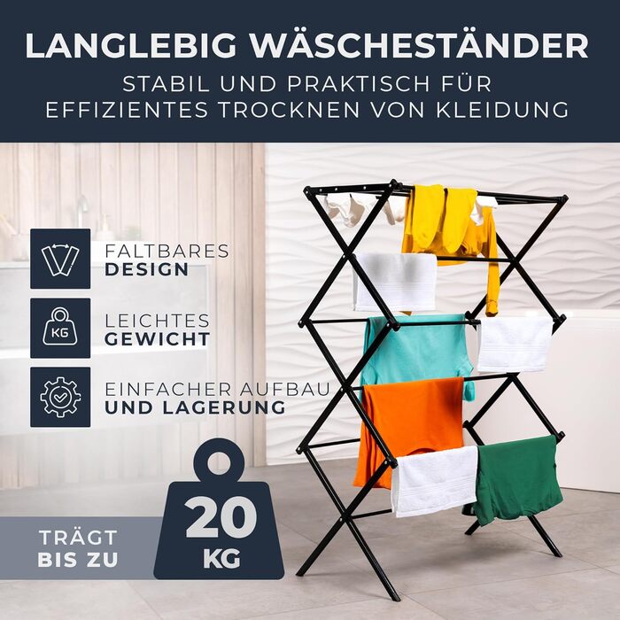 Сушарка для білизни складана, міцна, 6 рівнів, чорна (біла/чорна) - для балкону та дому