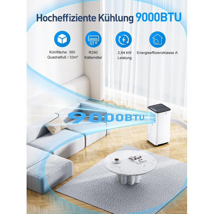 Мобільний кондиціонер Klimaanlage 9000 BTU 3-в-1: охолодження, осушення, циркуляція повітря, LED дисплей, пульт, таймер, тихий, енергоефективний, для приміщень до 88 м³