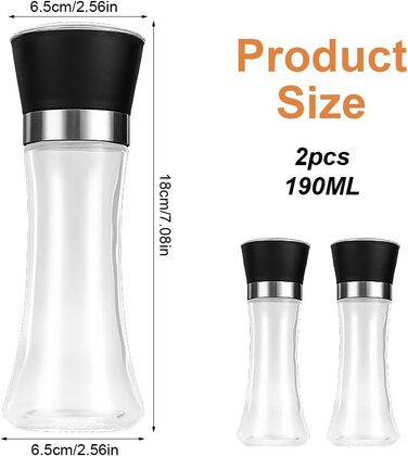 Набір з 2 шт. мельниць для перцю та солі, регульована ступінь помелу, керамічний механізм, прозоре скло та нержавіюча сталь, підходить для перцю, солі та чилі