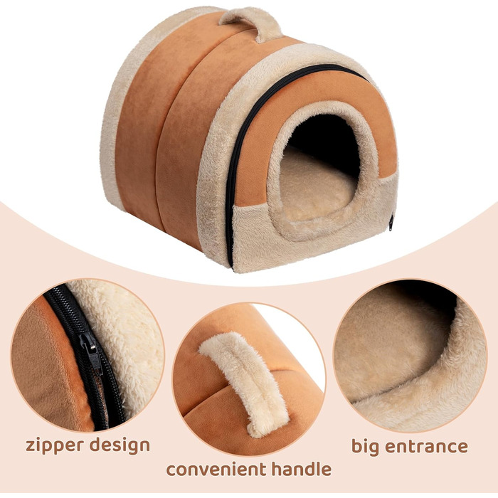 Hollypet Cat Bed, Small Dog Bed, 2-in-1 Foldable Plush Pet Bed for Cats & Small Dogs, Cozy and Soft Pet Cave Bed for Indoor Outdoor, (Orange Brown)