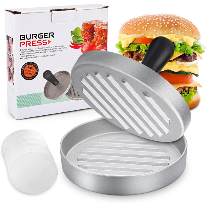 Пресс для бургерів HEPAZ з 100 аркушами паперу для випікання, набір для приготування бургерів та котлет з алюмінію з антипригарним покриттям