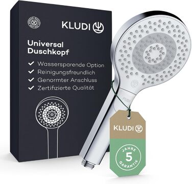 KLUDI-X3 Universal Shower Head with Hose, optional shower spray, water-saving with 3 spray patterns (Body, Hair, Skin), easy-to-clean shower head Ø 11.7 cm, shower hose 1.60 m (3 spray patterns, Chrome)