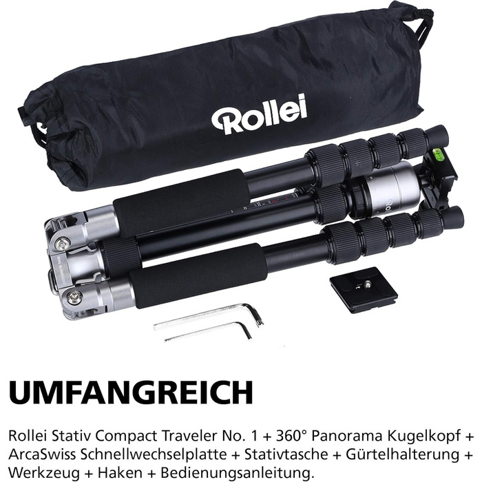 Штатив Rollei Compact Traveler No.1 143cm для камери з кульковою головкою. Легкий штатив для подорожей, сумісний з Arca Swiss, для DSLR та смартфонів (алюміній, титан)