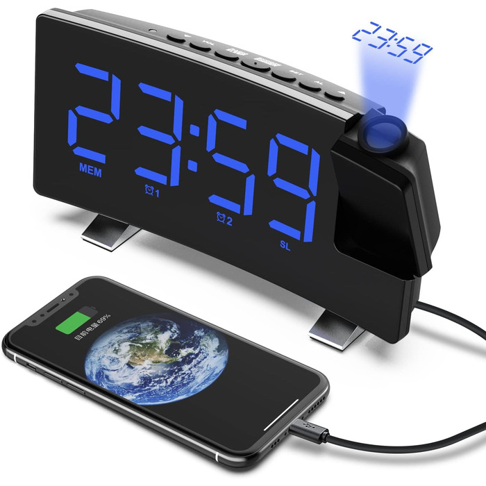 VORRINC Projection Alarm Clock, Digital Alarm Radio with 180° Projection, USB Port, Dual Alarms, Snooze, 12/24H, 3 Projection Brightness with Automatic Dimmer, for Bedroom Ceiling (Blue)