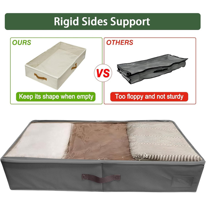 Коробки для зберігання під ліжком, 2 шт. з боковими стійками, сірі. Підходять для постільної білизни, одягу та ковдр.