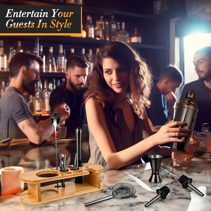Cocktail Shaker Set with Stand, 12-Piece Premium Cocktail Set with All Essential Bar Tools, Gifts for Women Men Cocktail Lovers, Professional Bar Set Cocktail Accessories (Black)