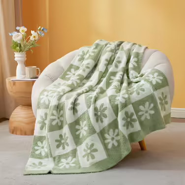 Snuggle Sac Checkered Blanket, sage green with floral pattern, throw blanket for couch, checkered, microfiber, fluffy, warm, cozy, plush, soft, reversible, checkered, for sofa, chair, bed, 127 x
