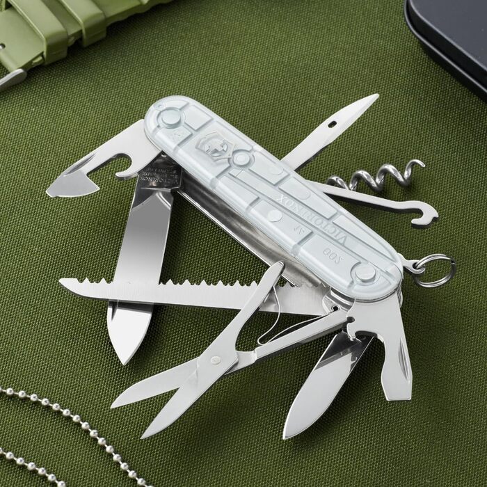 Швейцарський ніж Victorinox Huntsman: мультитул з 15 функціями, ніж, відкривачка для пляшок, консервний ніж, прозора срібляста коробка